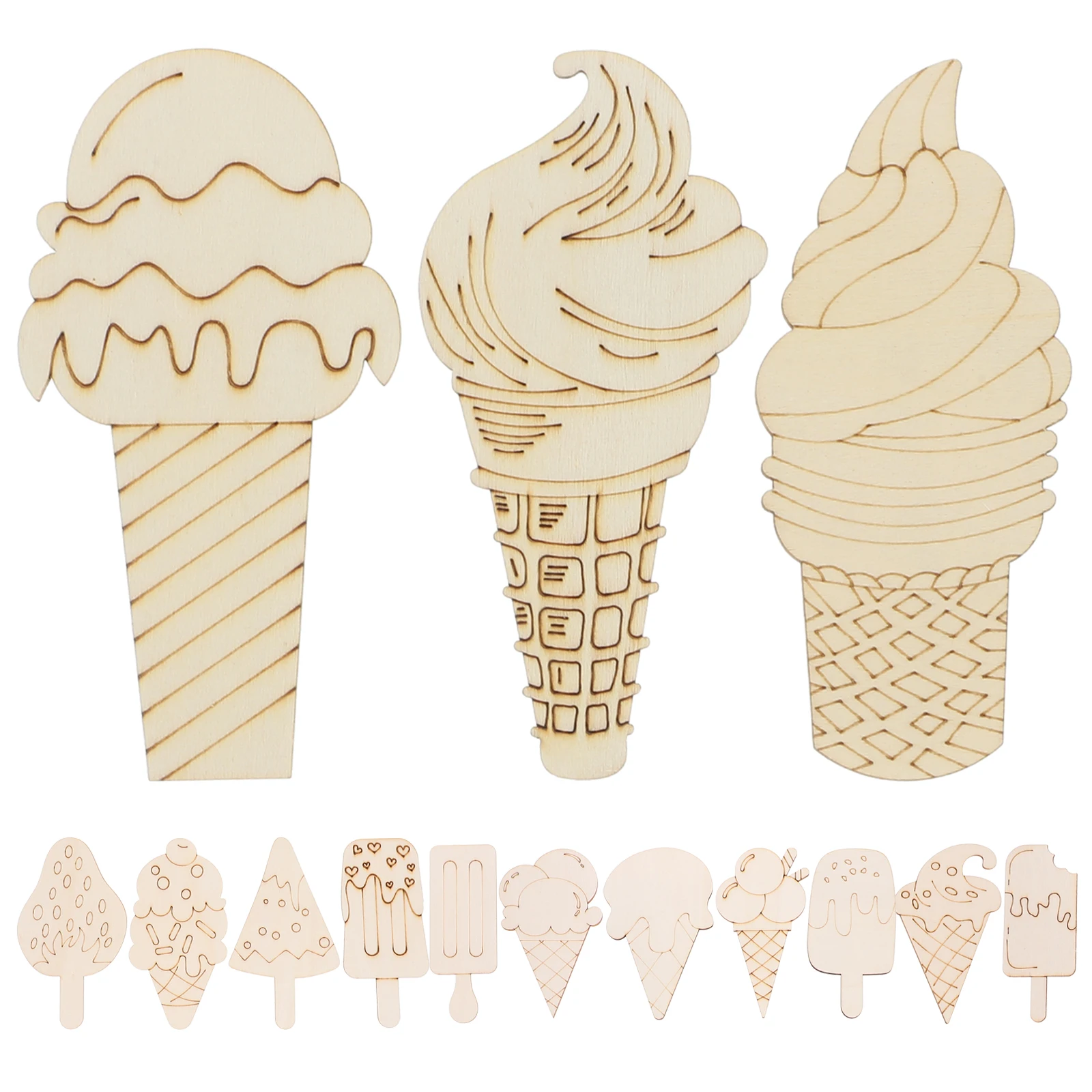 

70pcs Wood Cutouts Crafts Diy Wooden Slices Ice Cream Shape Unfinished Unpainted Cutouts Diy Decoration Art Project Durable Safe