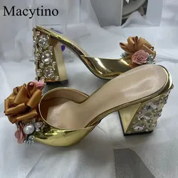 2023 New Arrival Rose Flower Decoration Ladies High Heels Square Toe Monster Heels Fashion Party Slipers