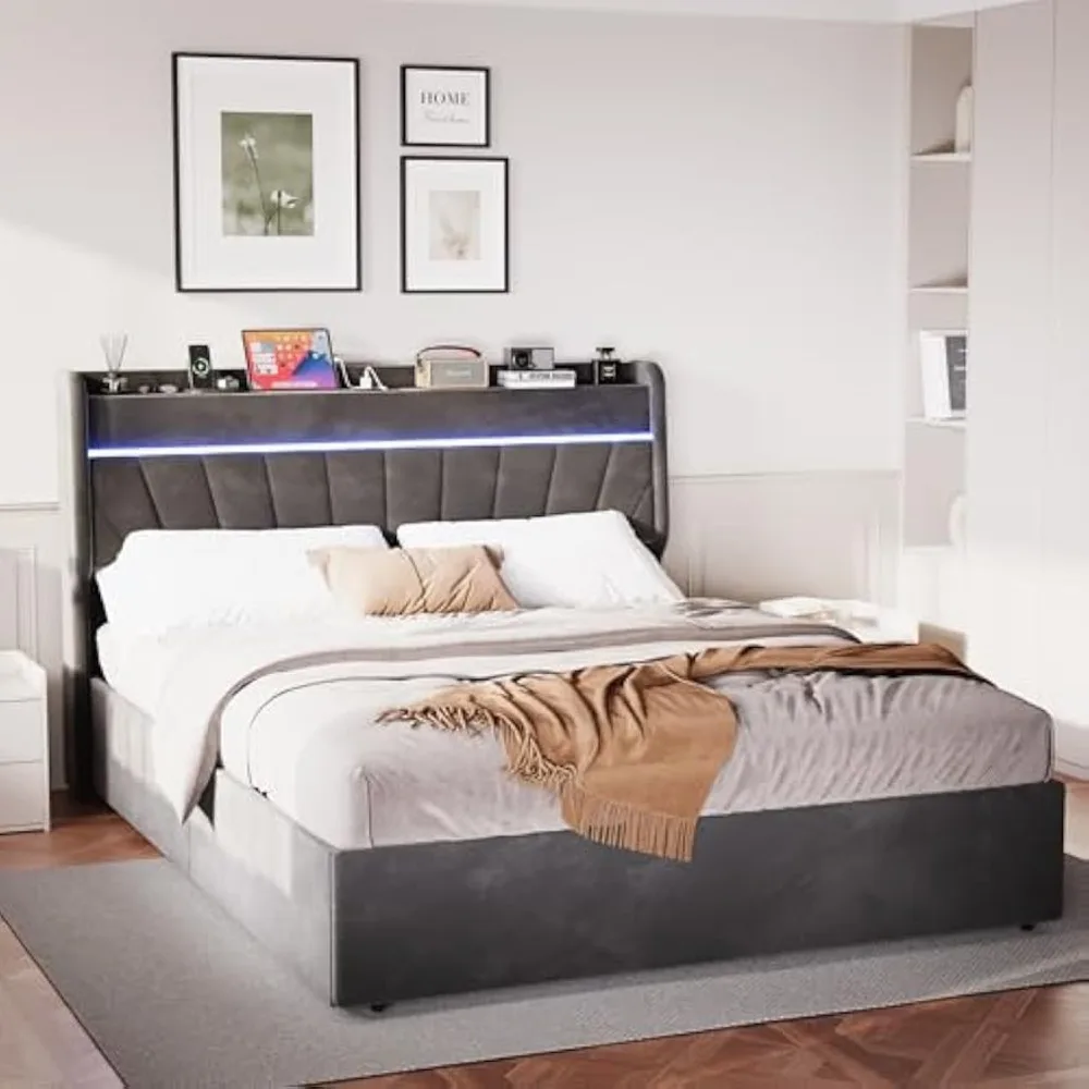 

Queen Lift Up Storage Bed Frame with Charging Stationand LED Light, Wingback Upholstered Platform Bed Frame, Noise-Free