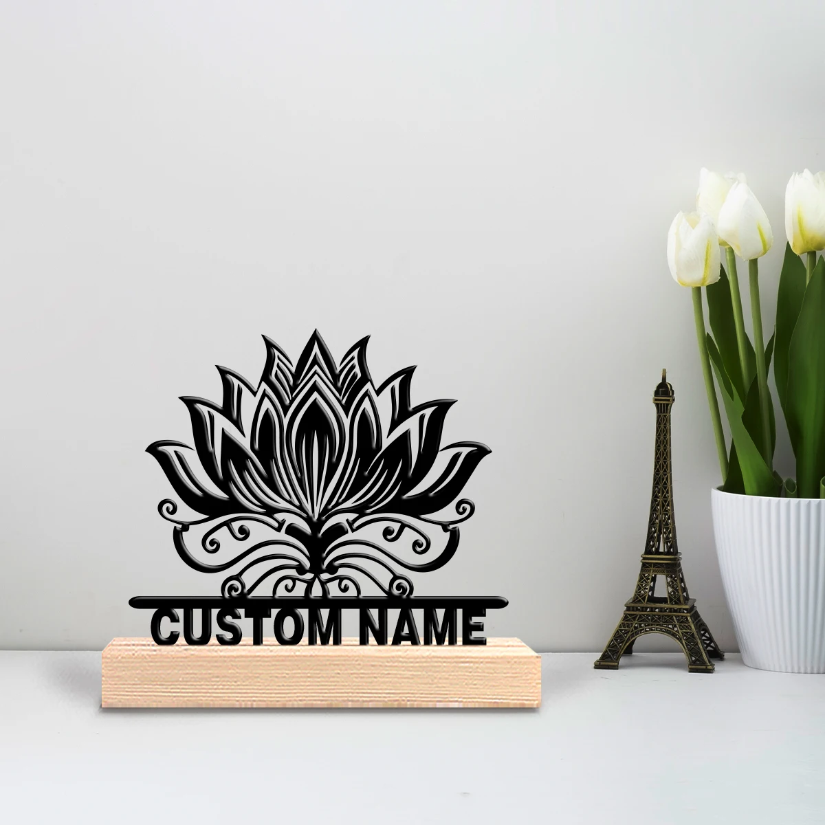 1pc Simple Lotus Silhouette Customizable Name Tin Statue Metal Ornament Tin Sculpture With Wood Base Art Crafts With Wood Base