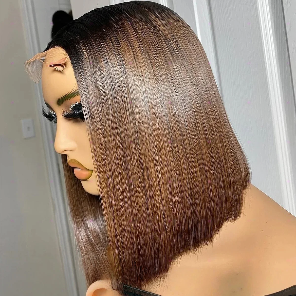 

Short 13x4 HD Lace Frontal Bob Wigs Ombre Brown 180 Density Bone Straight Ombre 1b/4 Brown Colored Synthetic Party And Daily Use
