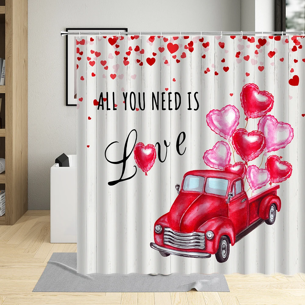 Romantic Valentine\'s Day Shower Curtain Couples Red Rose Flower Wine Glass Butterfly Piano Keys Home Bathroom Waterproof Fabric