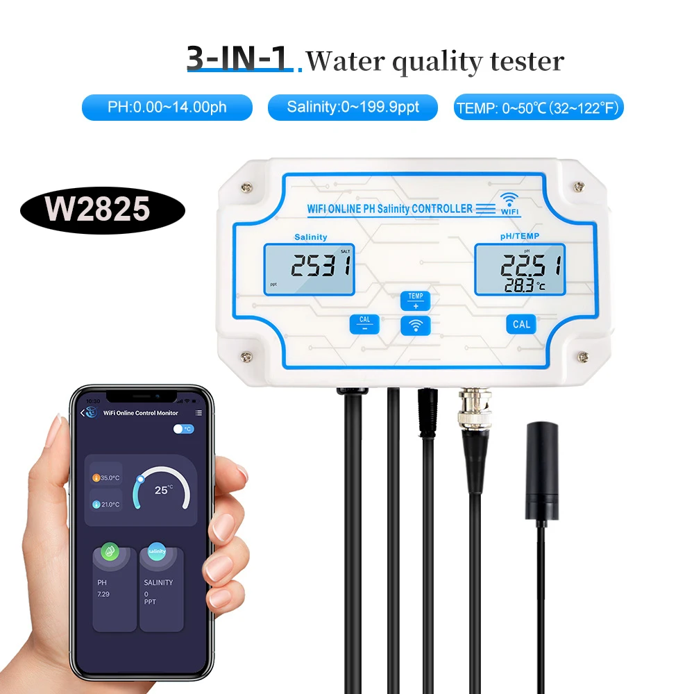 

Digital WiFi Water Quality Tester 3-in-1 Multifunction Smart Monitor PH EC TDS SALT SG.Temp Meter APP Control EU Plug