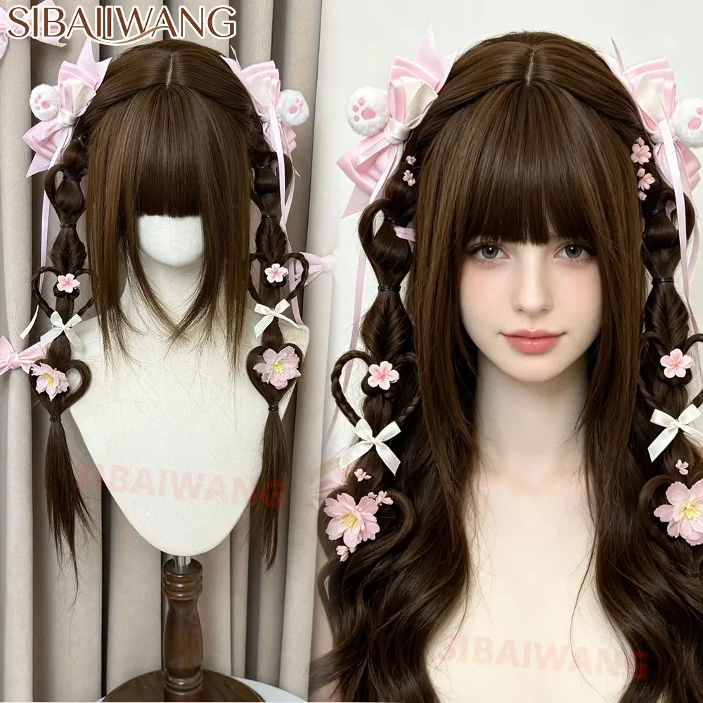 Women Brown Lolita Wig Heat Resistant Synthetic Wig with Bangs Cute Wig for Anime Cosplay Tea Party Halloween Daily Dress Up
