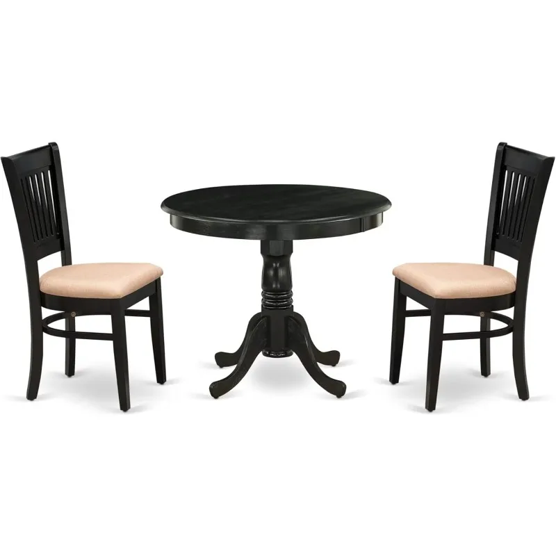 3 Pieces Modern and Fashion Dining Table Set Contains A Round Kitchen Table with Pedestal and 2 Linen Fabric Dining Room Chairs