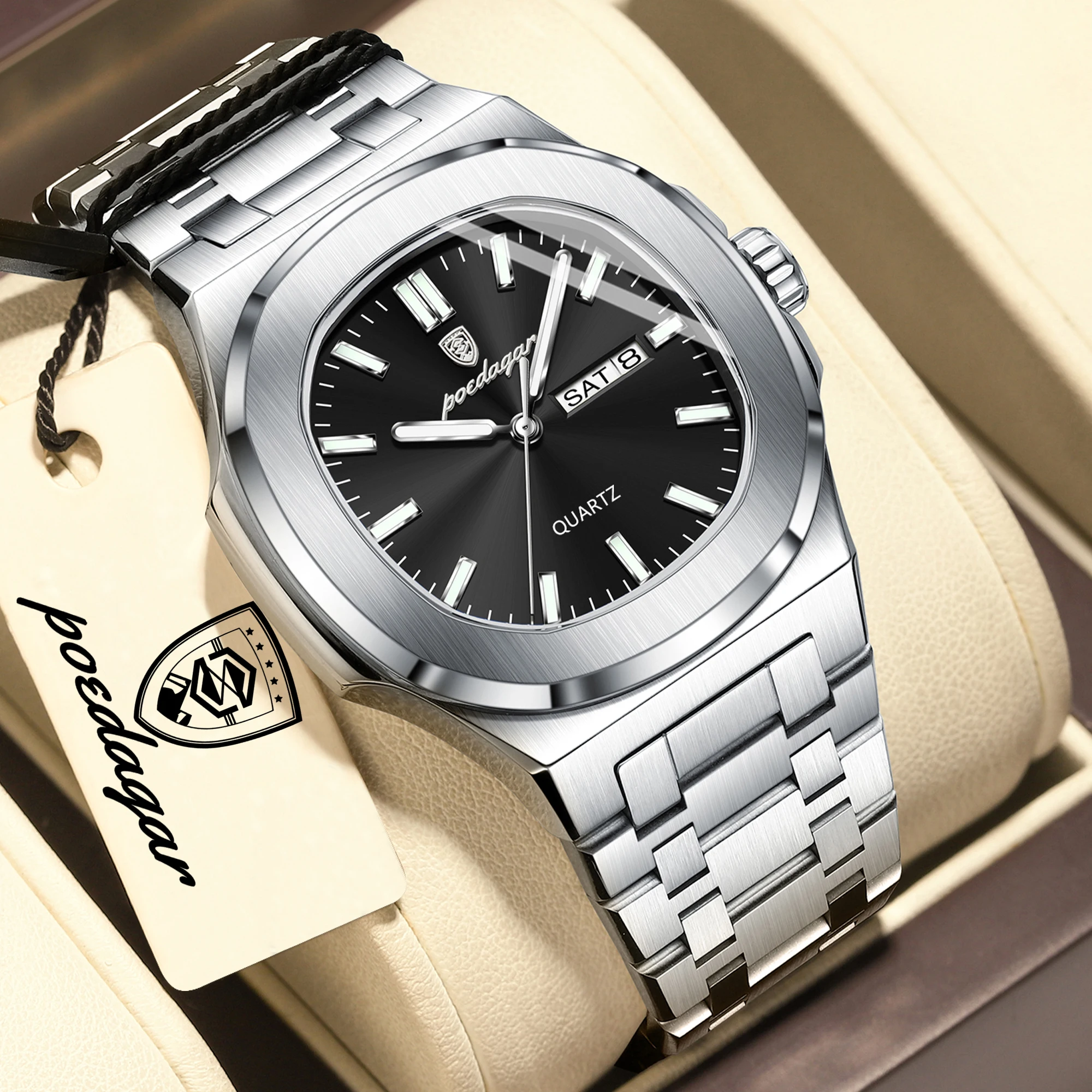 POEDAGAR Top Business Men Clock Waterproof Luminous Date Week Man Wristwatch Stainless Steel Quartz Fashion Men's Watches Reloj