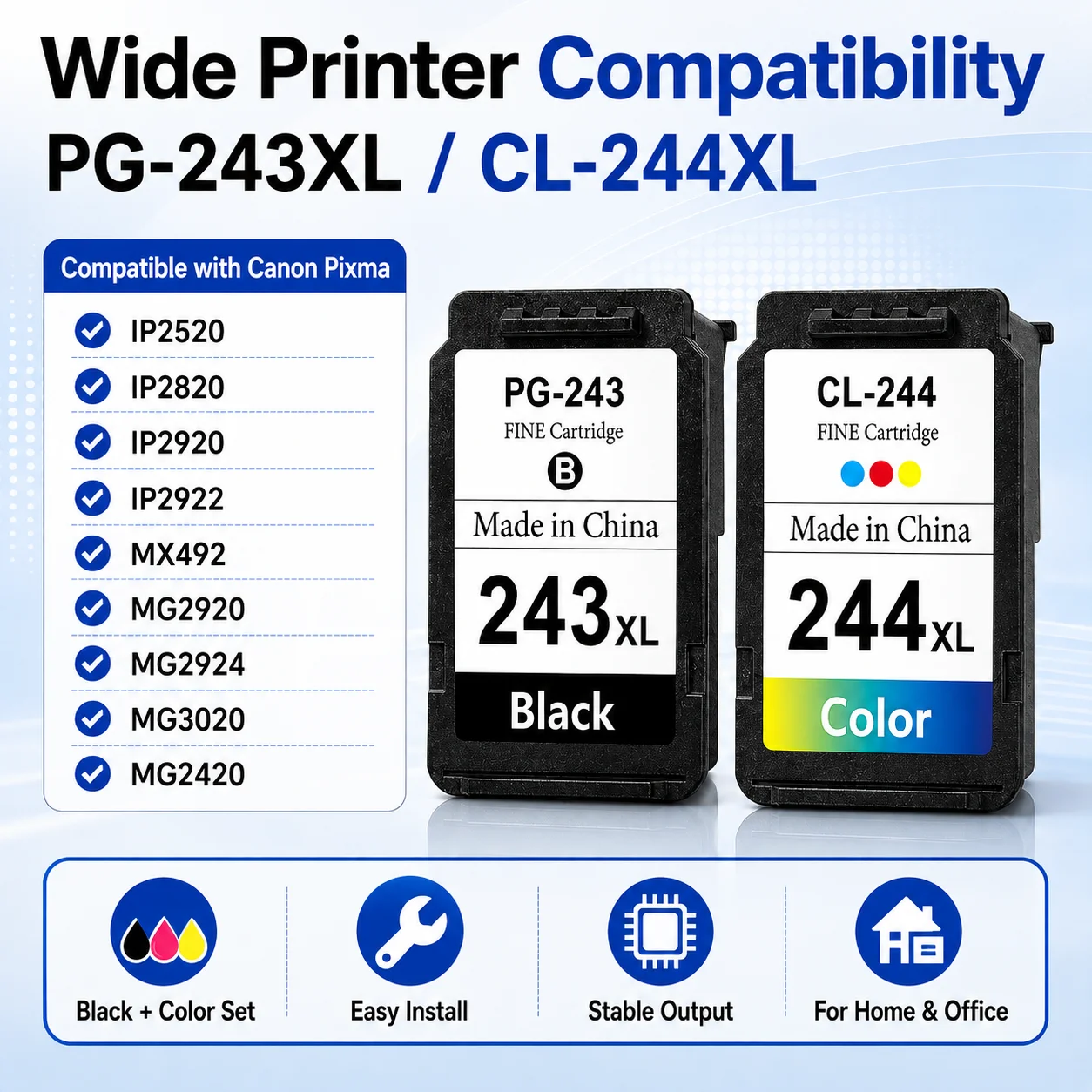 PG-243XL CL-244XL Ink Cartridge Compatible for Canon PIXMA IP2520 IP2820 MG2920 MX492 Printer Black Color Ink