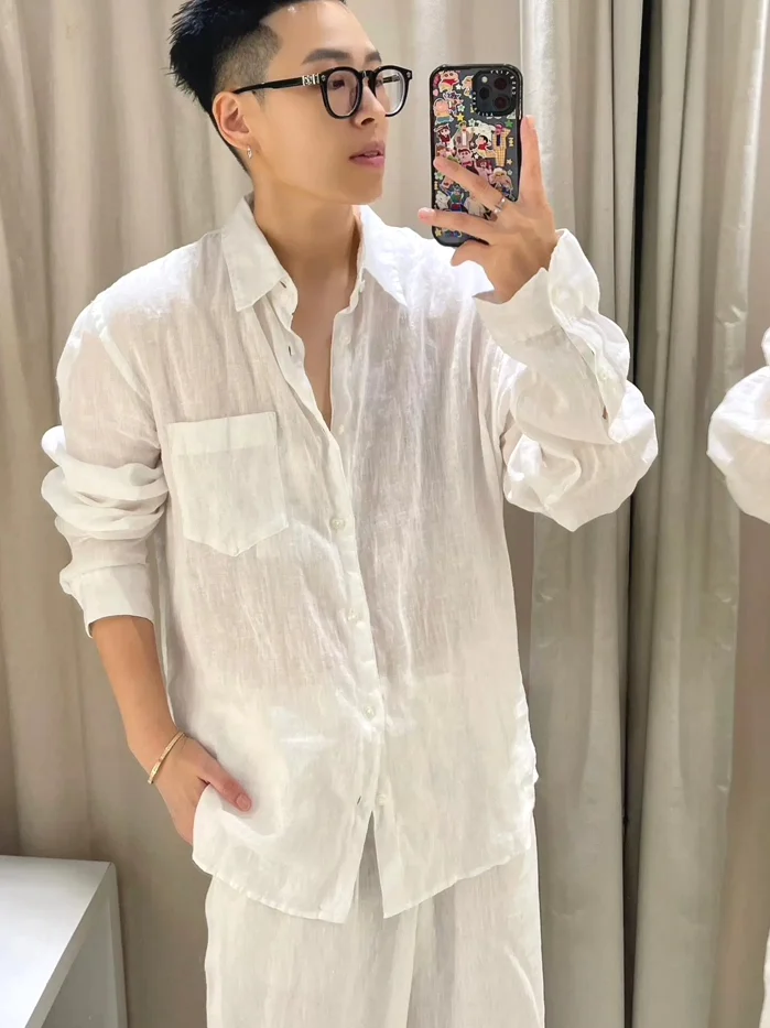 

Loose Fit Linen Cotton Shirt Set Men's Pocket Style Sun Protection Open Cardigan Breathable Long Pants Outfit
