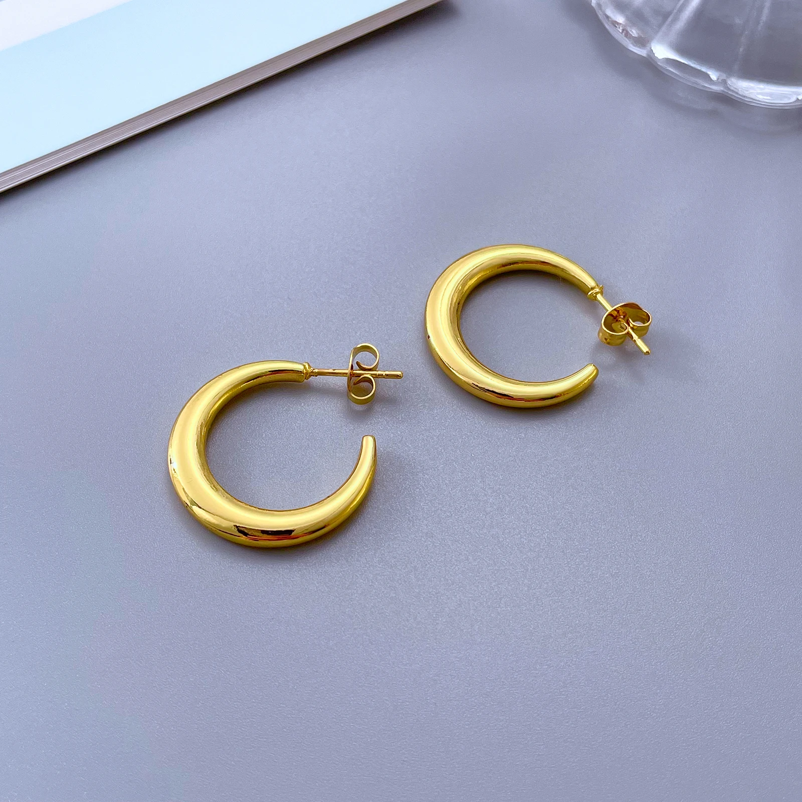 22mm C Hoop Earrings Seamless Push-in Closure No Clasp Stainless Steel Gold Earrings for Women Jewelry Making DIY Components