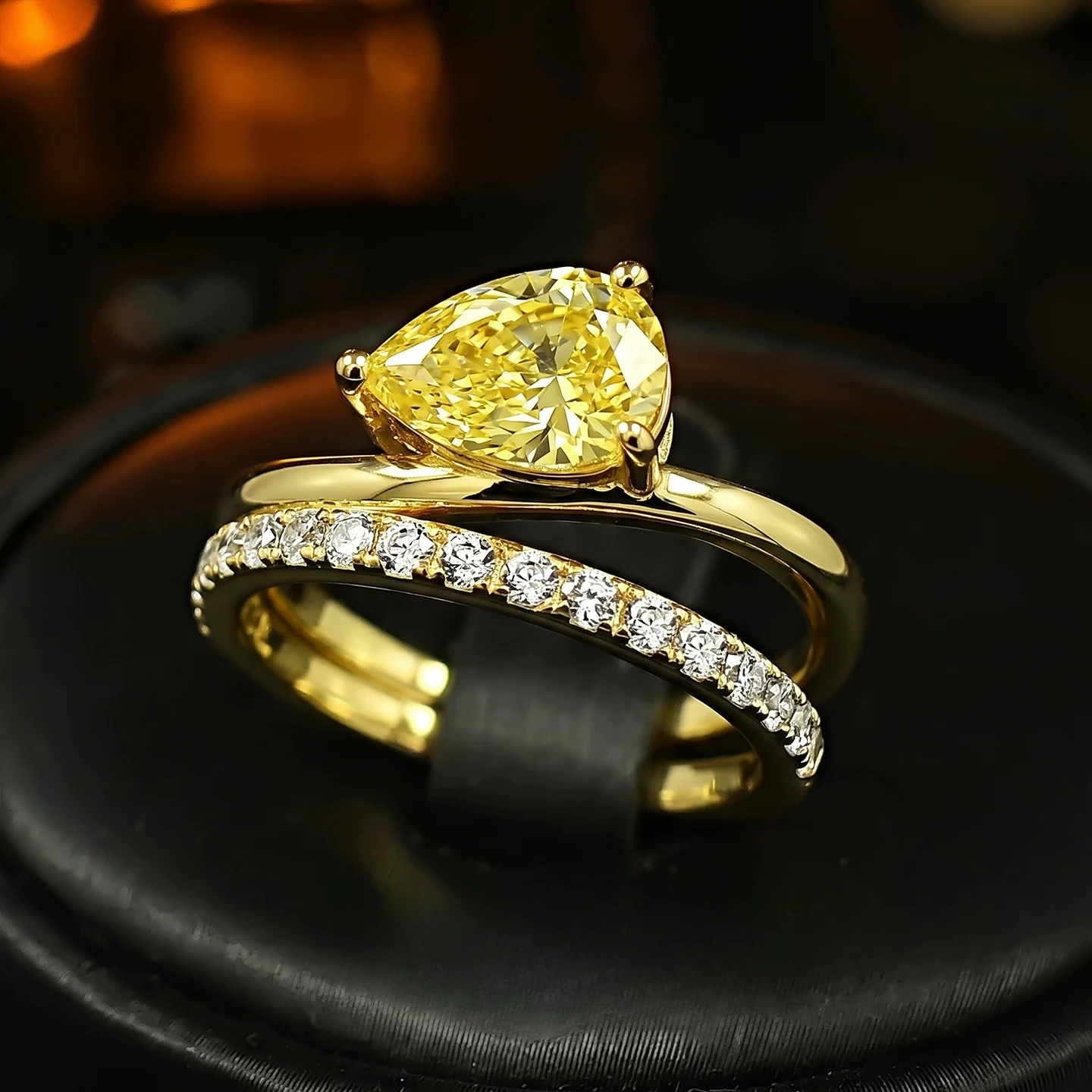 S925 Sterling Silver 6*9mm Pear Cut Yellow Cubic Zirconia Ring Two Band Intertwined Stackable Ring Women Luxury Jewelry Gift