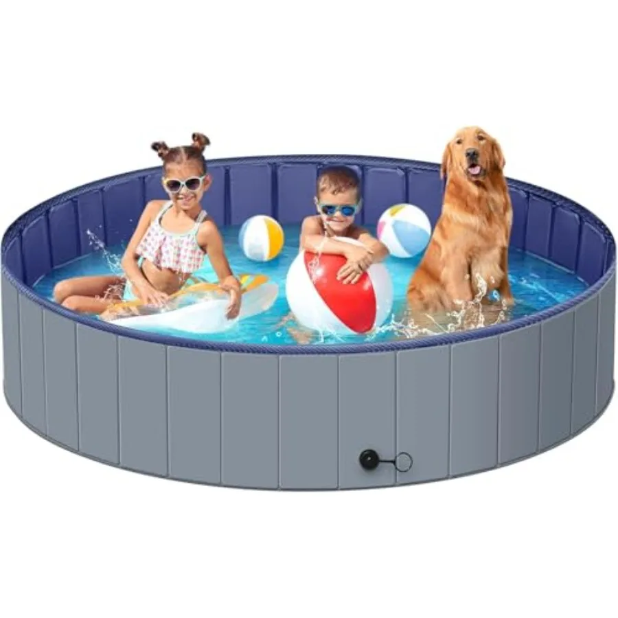 Piscina para Perros Grandes, Piscina para Niños, Bañera para Perros de Plástico Duro, Piscina Plegable Portátil para Perros, Antideslizante, Gris Oscuro XL-64x12