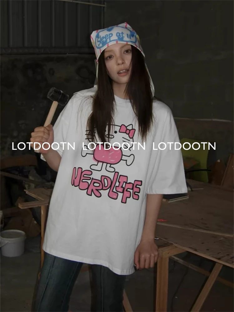 LOTDOOTN Harajuku Kawaii Cat Print TShirt Pure Cotton Women Cutecore Sweet Kitten Tees Summer Casual Crop Top Japanese 2000s Y2K