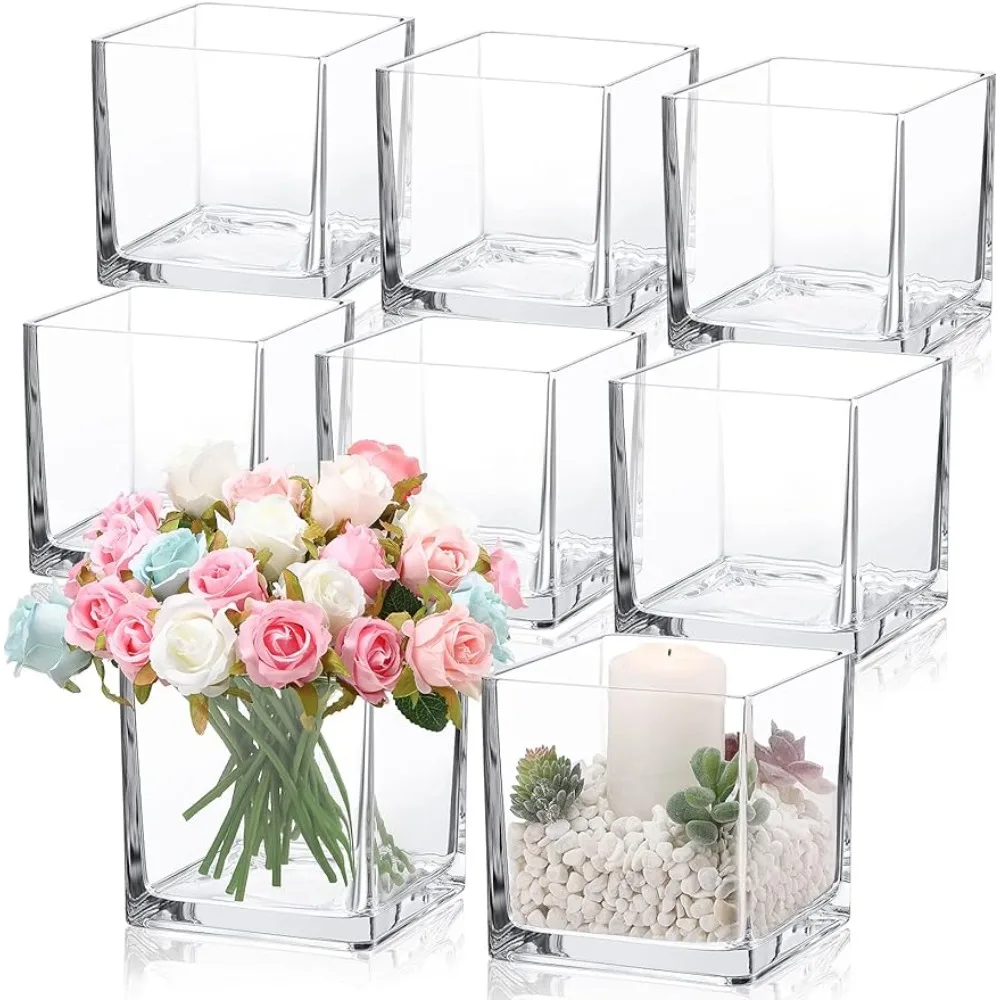 8 Pieces Square Glass Vase 6X 6 x 6 Inch Clear Cube Vase Wedding Flower Vase Floating Candle Holders Wedding Floral Container