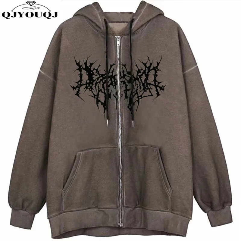 

European and American style autumn and winter new printed loose hooded drawstring jacket