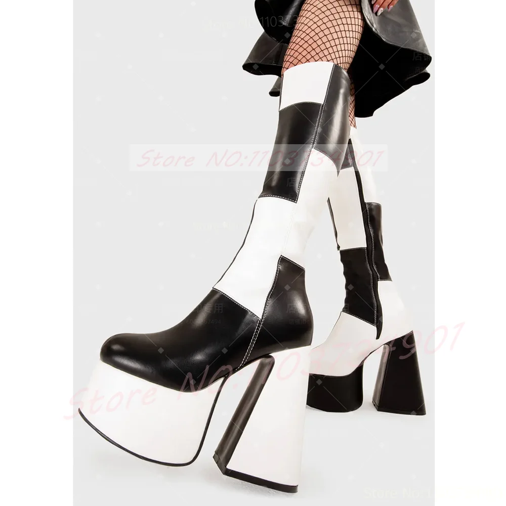 Patchwork Platform Knee High Boots Women Black And White Color Blocking Chunky Triangle Heel Boots Lady Classy Gothic Y2K Shoes view 4