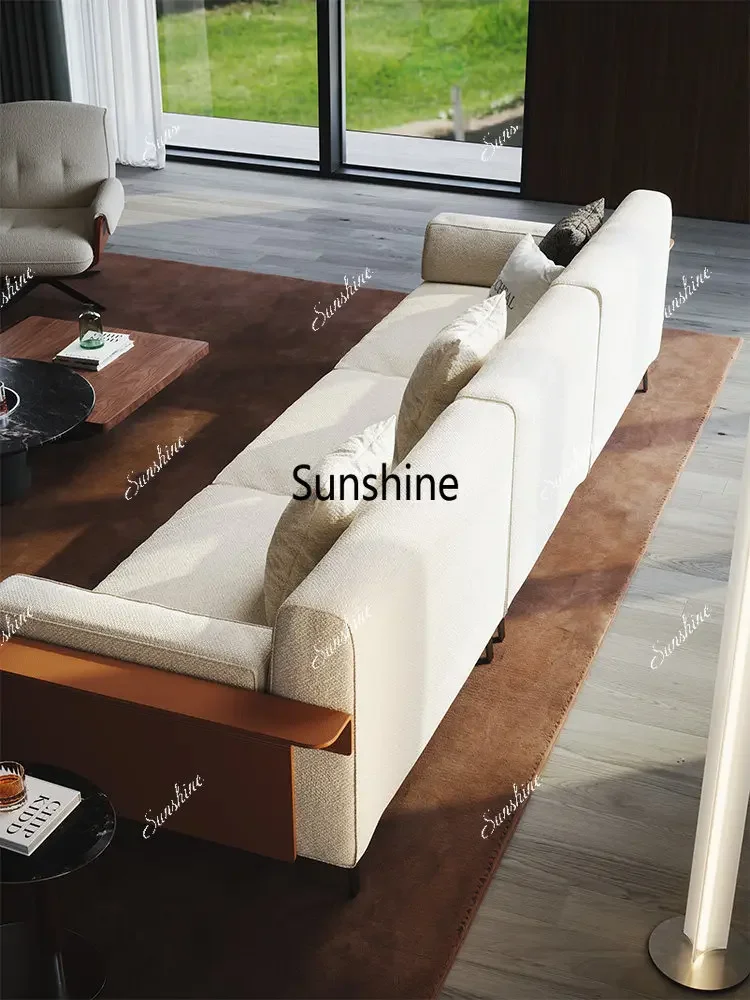 YModern minimalist fabric sofa, cotton-linen living room furniture, beige saddle leather armrests