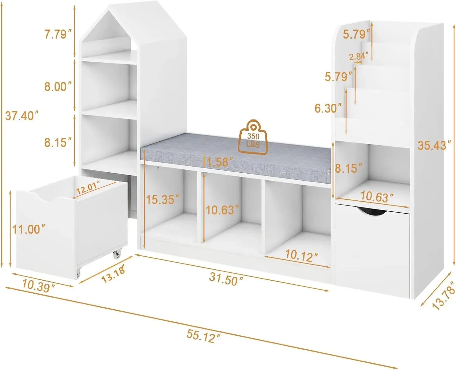 Kids Bookcase and Bookshelf with Reading Nook, Bookcase with 7 Storage 2 Movable Drawers