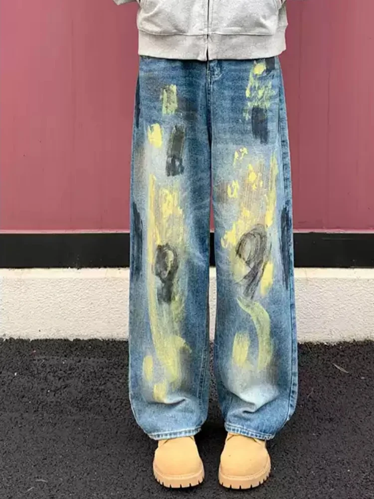 

American Style High Street Dirty Printing Jeans For Man Hip Hop Straight Loose Fashionable Wide Leg Knife Pants