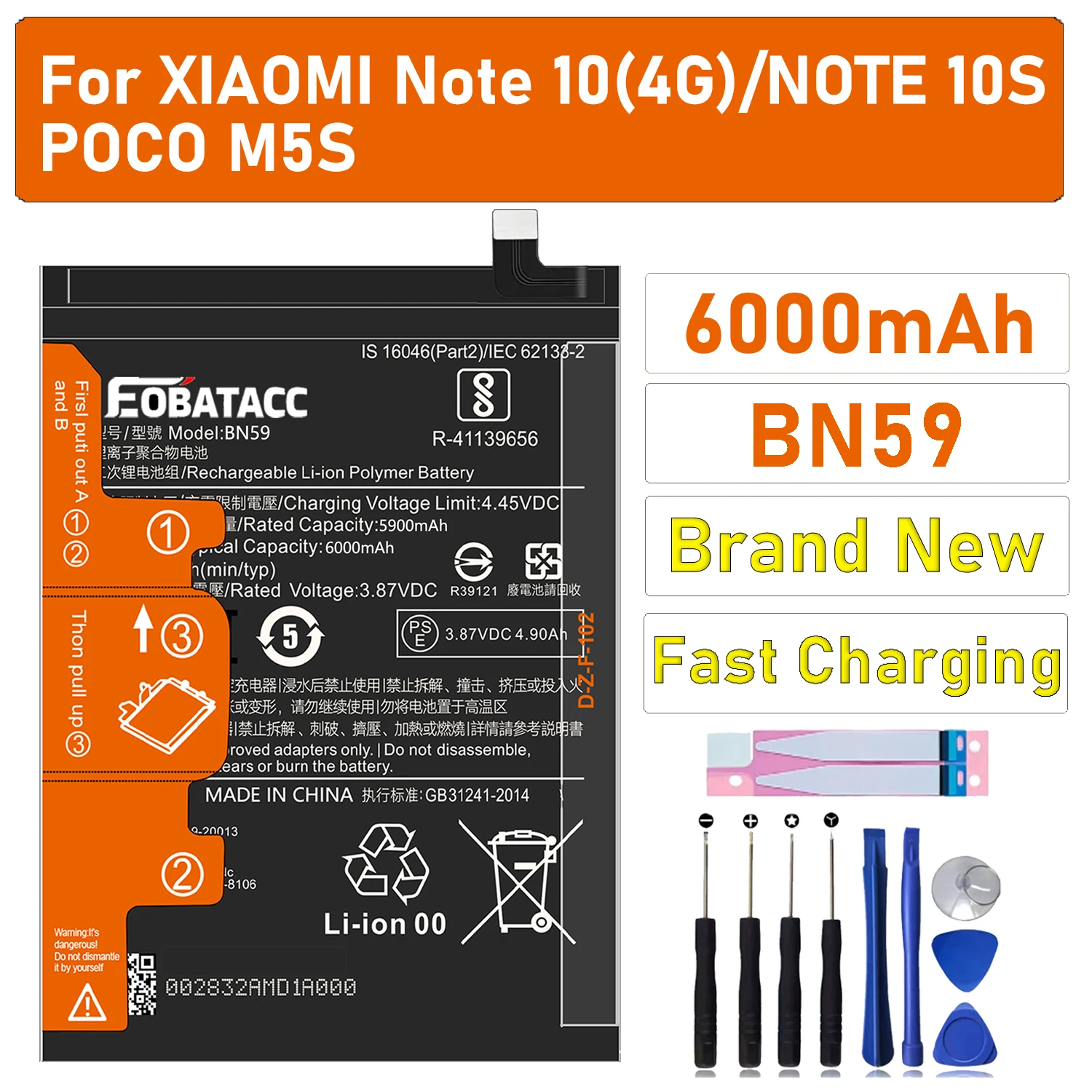 

2026 YEARS EOTABACC 100% New Original Battery BN59 6000mAh For XIAOMI Note 10 4G/NOTE 10S/POCO M5S Battery +Tools