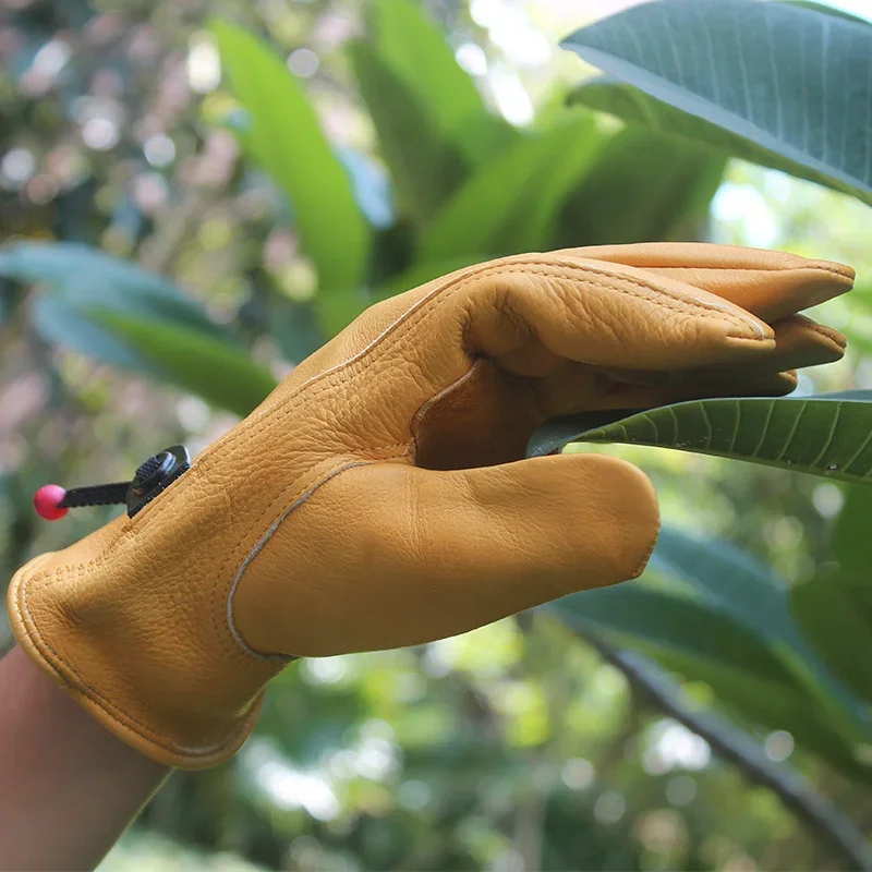 Short Cow Leather Work Gloves Puncture‑Resistant Anti‑Slip Vintage Gloves for Motorcycle Riding Climbing Gardening Outdoor