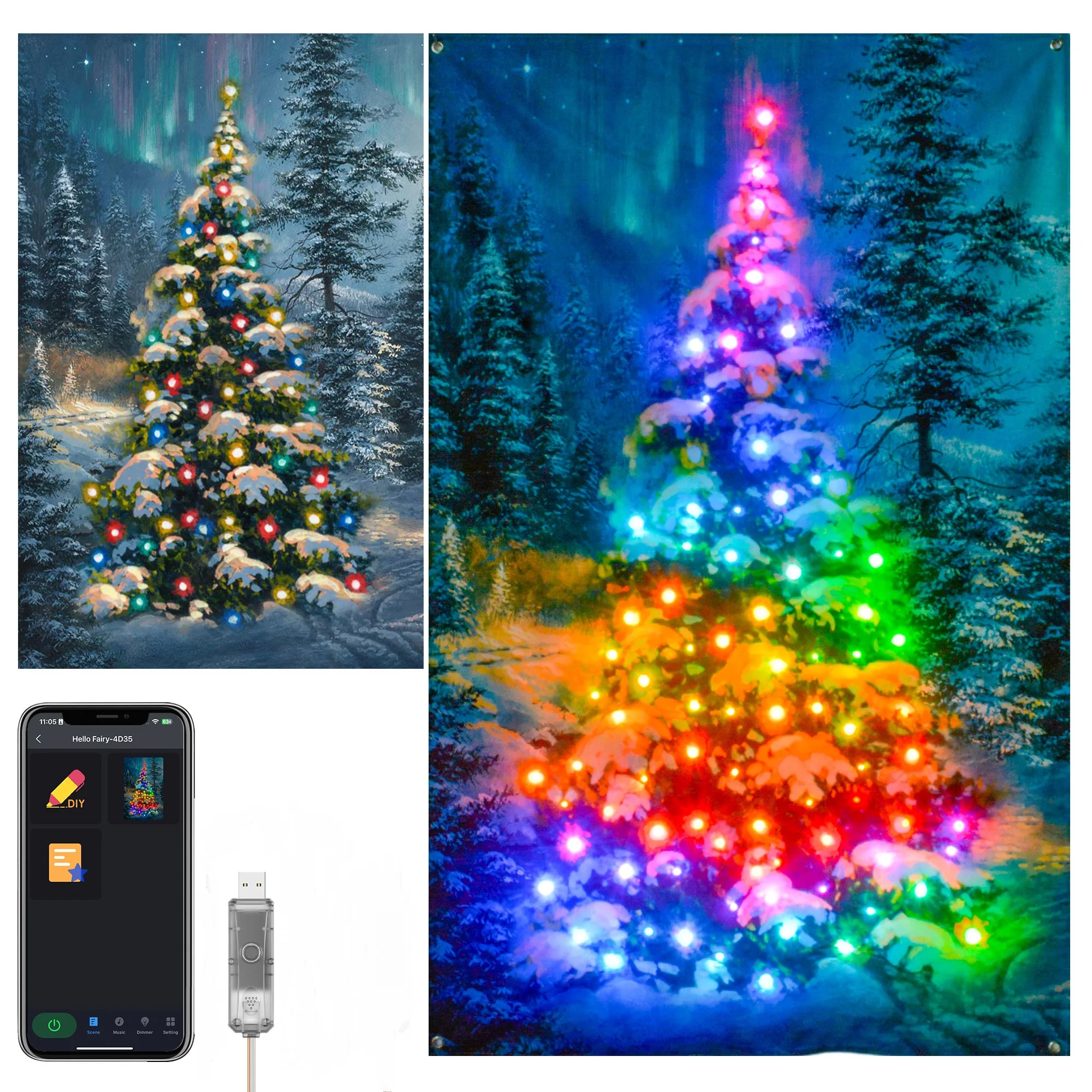 Árvore de natal colorido tapeçaria lona guirlanda com luzes led rgb controle app cor diy alimentação usb para decoração casa