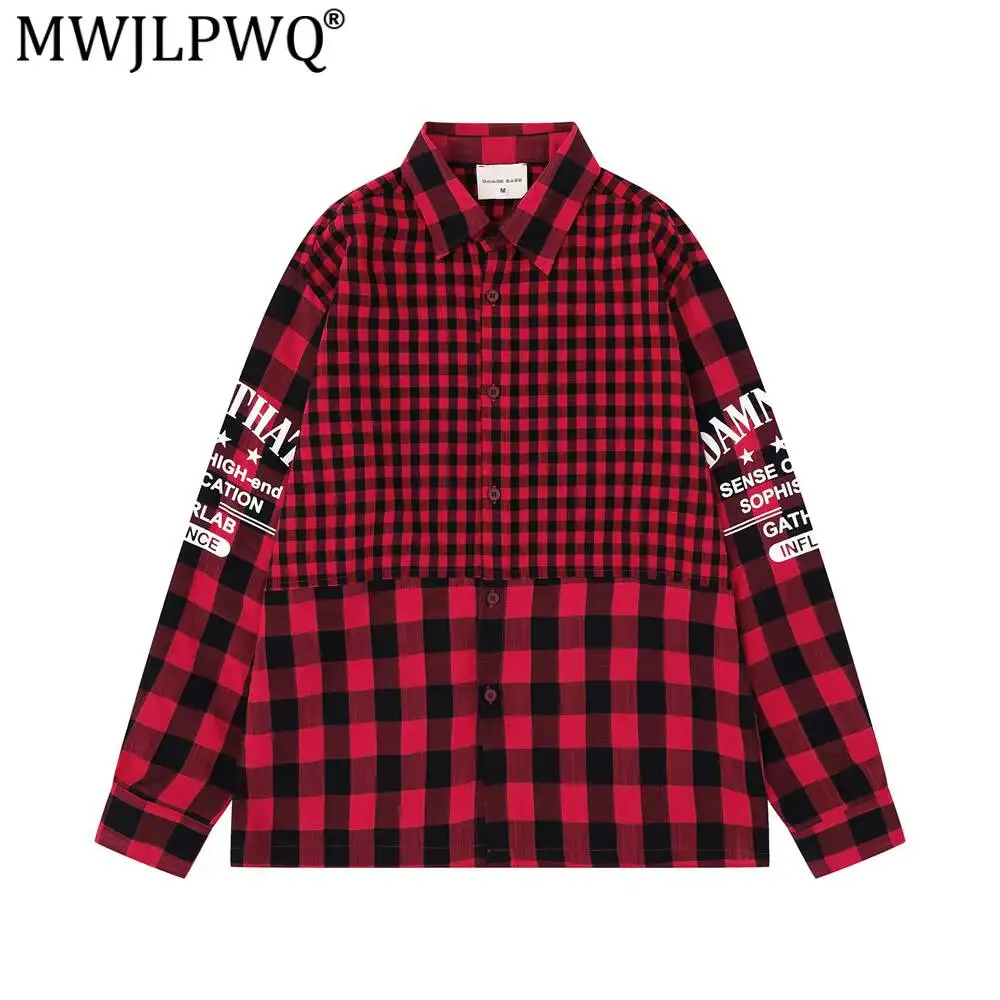 

MWJLPWQ Plaid Long-Sleeve Casual Loose Shirt Men Unique Design Letter Print Turn-Down Collar Suitable Tops Spring Autumn 20034
