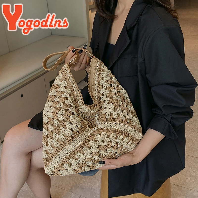 Yogodlns Women Weaving Clutches Top-handle Bag Large  Portable Shoulder Bag Summer Beach Purses Shopper Satchel Female Tote Bags