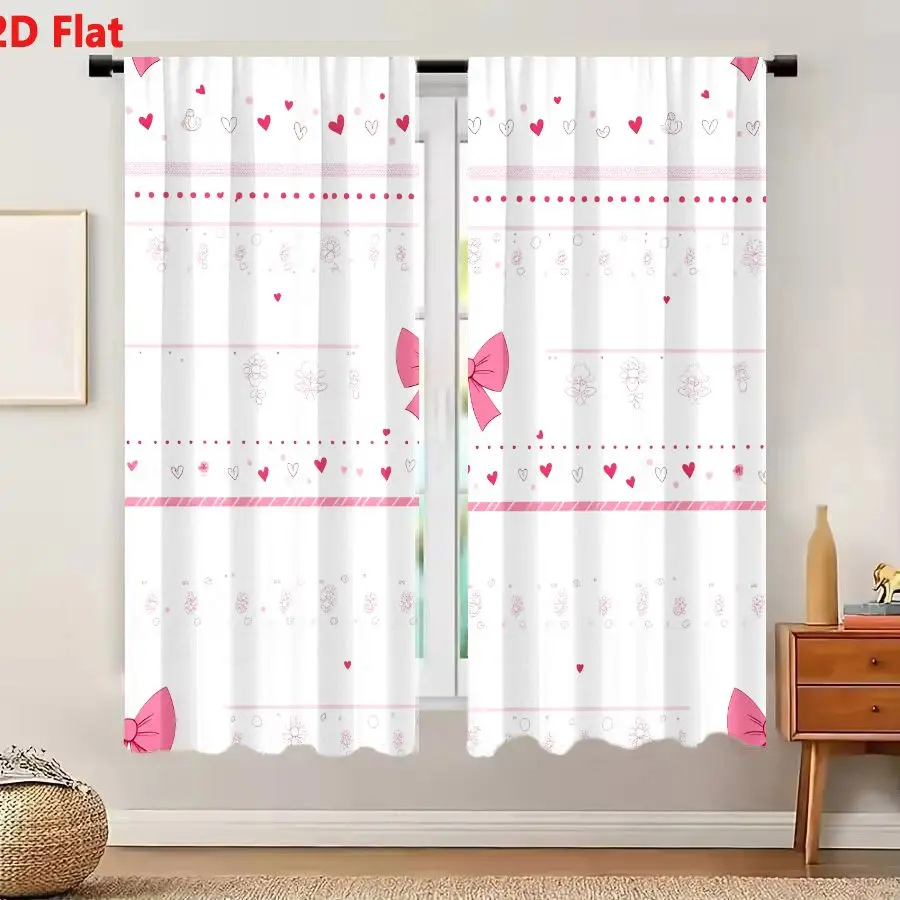2Pcs Curtains 2D Flat Pink Bow Tie Floral Sprig Dots Hearts Decorative Pattern For Scrapbooking Stationery Gift Wrapping Window