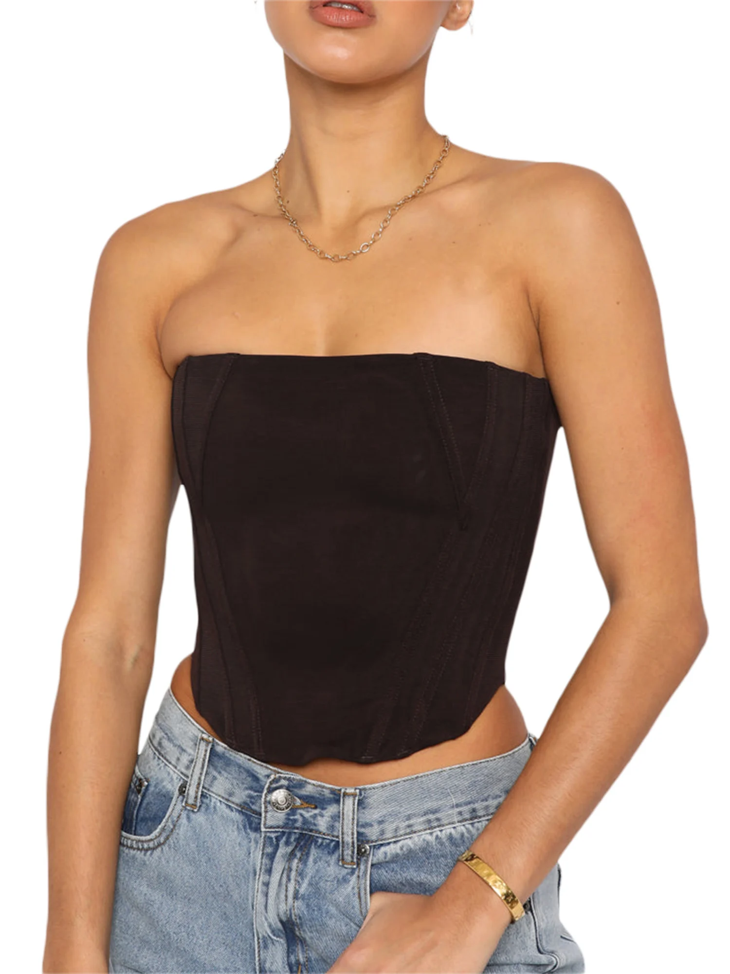 JBEELATE Women s Strapless Crop Tops Y2K Sexy Tube Tops Strapless Bandeau Crop Tank Summer Corset Top Solid Black Small