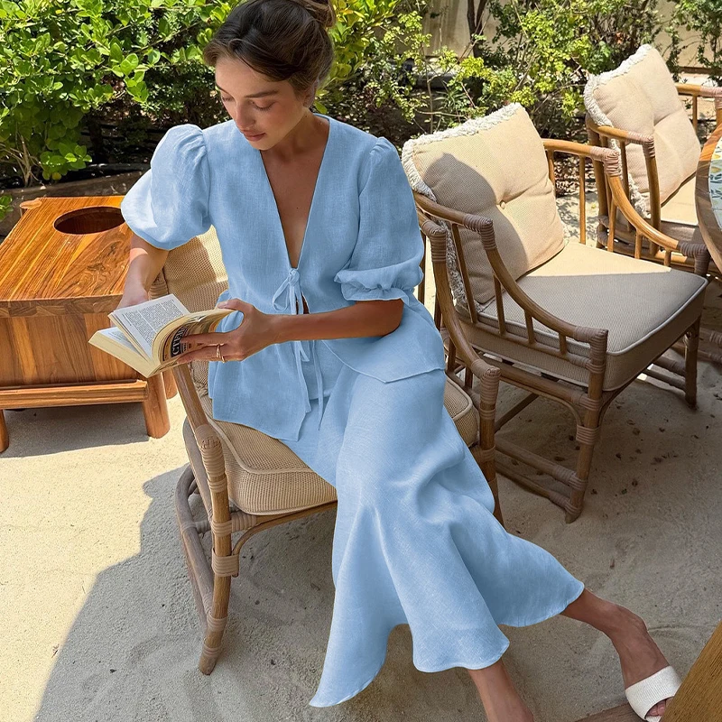 Elegant Women V Neck Puff Sleeve Tie Peplum Top High Waist Flare Long Skirt Summer Matching Set For Beach Holiday Occasion