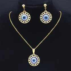 Turkey Blue Eye Chain Necklace Drop Earrings Set Stainless Steel Greek Eye Jewelry Set Christmas Gift Jewelr bijoux femme luxe