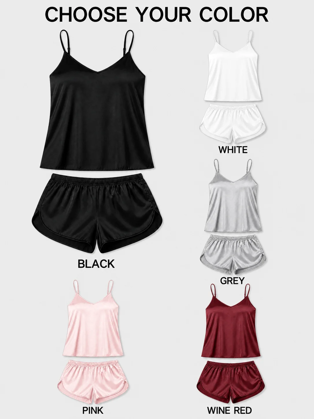 Damen-Pyjama-Set mit Satin-Finish, V-Ausschnitt, verstellbaren Trägern, Camisole und Shorts aus Polyester-Elasthan, Einheitsgröße, Nachtwäsche – Detail 4