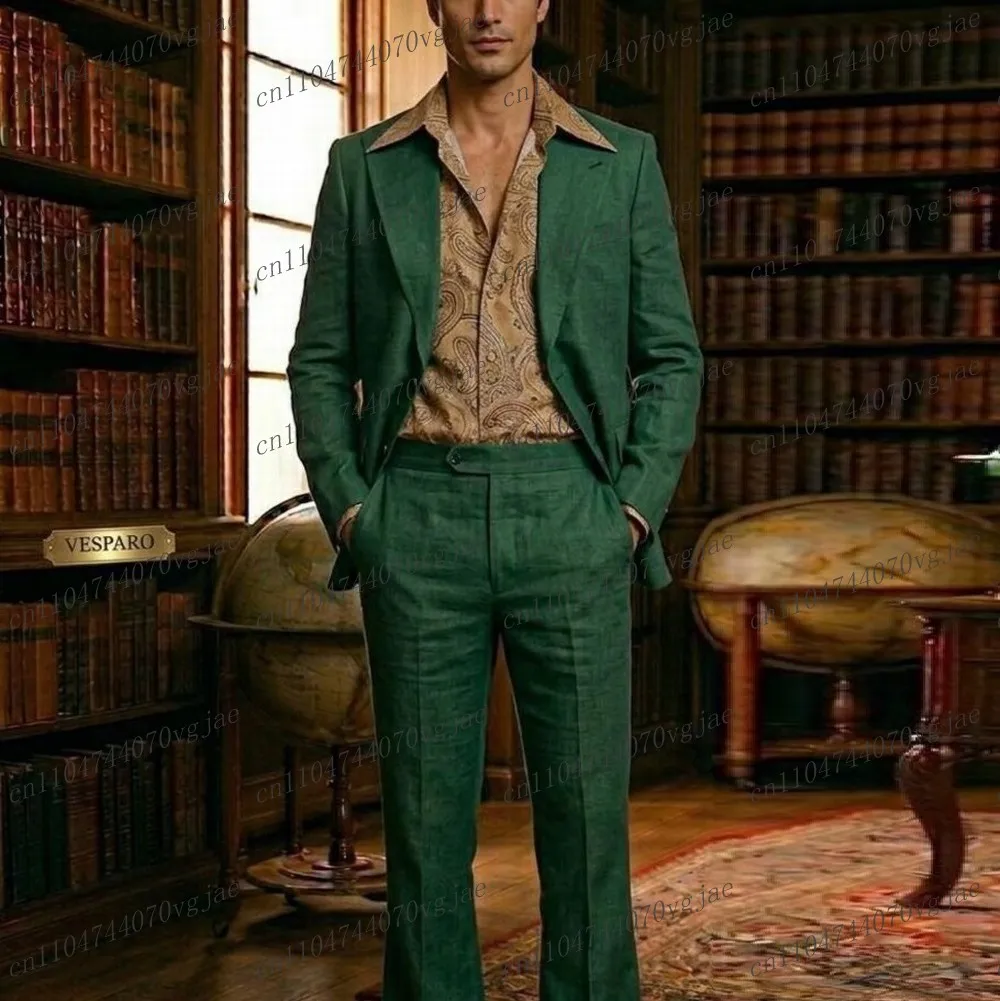 

New Breathable Linen Summer Green Men Suit Formal Wedding Party Groom Business Male Tuxedos 2 Piece Set Jacket Pants