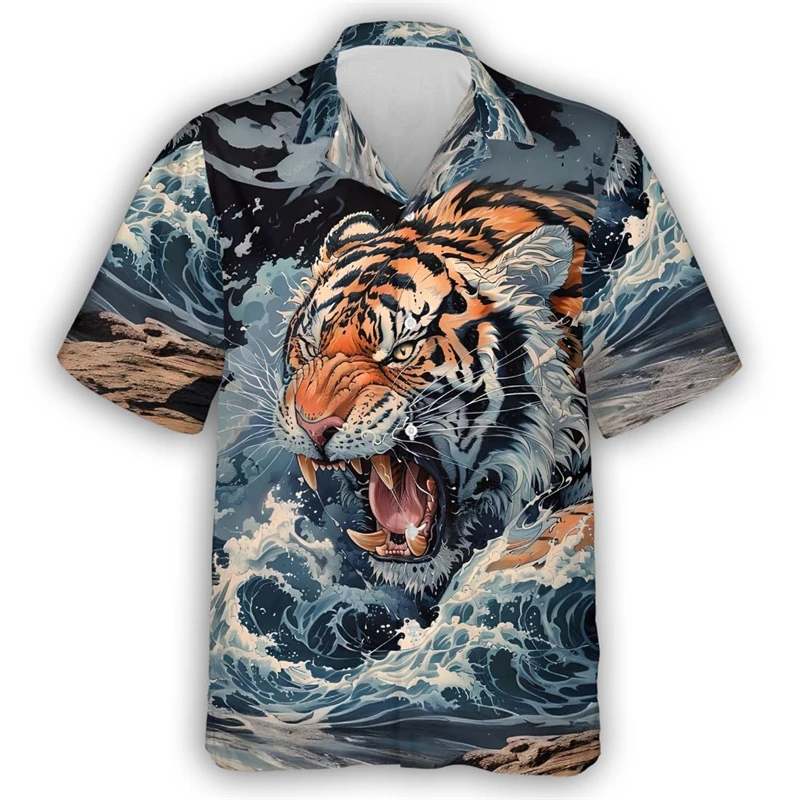 Camisa hawaiana con estampado de tigre en 3D para hombre, camisa informal de manga corta con patrón de bestia feroz, Tops de calle, blusa Unisex