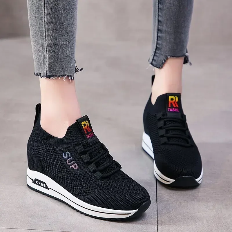 Hot Sale Women Shoes Summer Hidden Heel Wedges White Pink Sneakers Female Platform Breathable Mesh Black Heels Casual Shoe