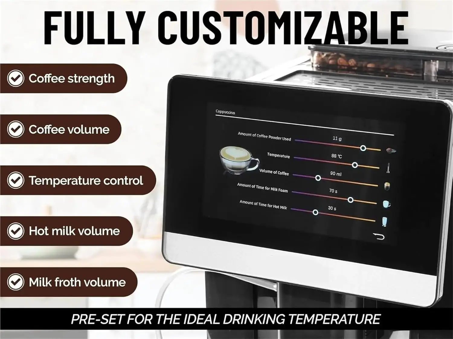 

Fully Automatic Espresso Machine with Grinder 19 Coffee Options Auto Cleaning Milk Foam