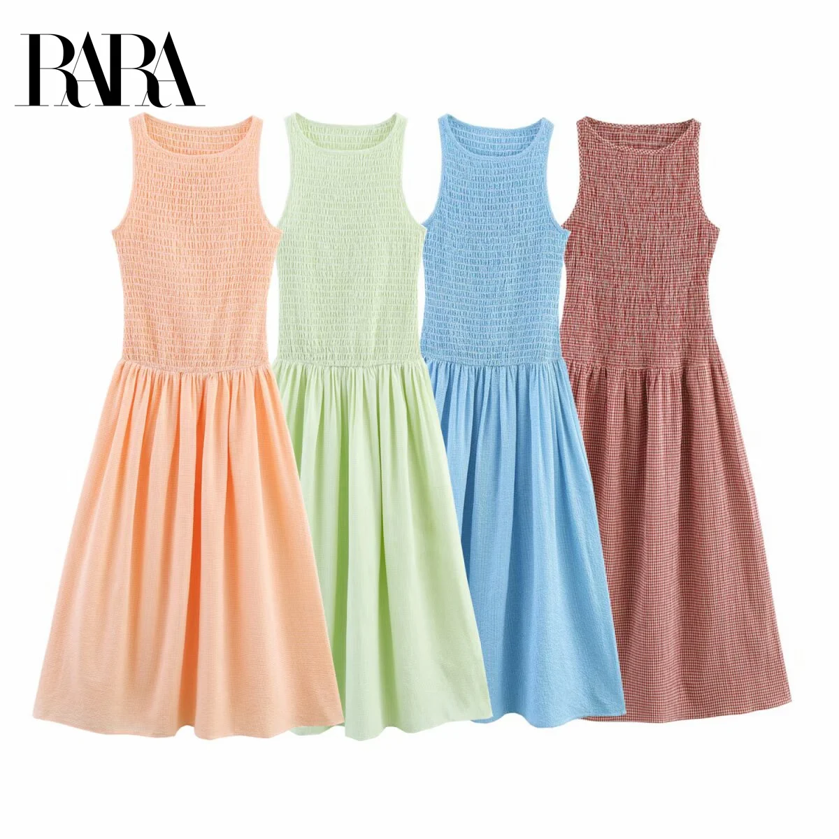 

RARA2025 New Summer Women's Casual Fashion Simple Retro Round Neck Sleeveless Slim Fit Plaid Midi Dress