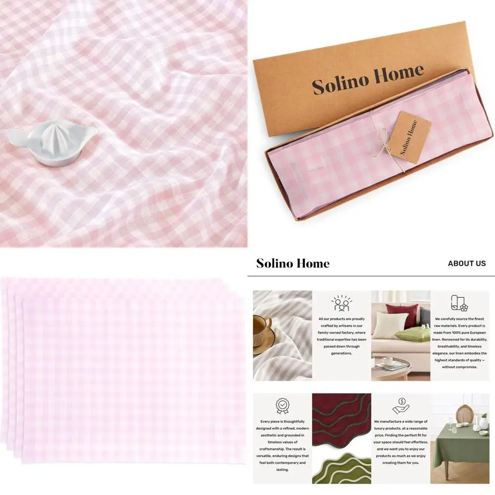 

Set of 4 - 100% Pure Linen Marshmallow Pink Gingham Check Placemats, 14x19 Inches, Perfect for Christmas