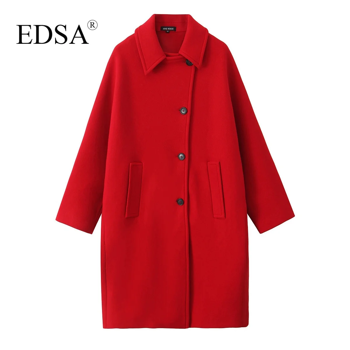 EDSA Women Loose Basic Blend Coat Vintage Single Breasted Blend Coats for Female Long Sleeve Lapeled Cardigan Coat