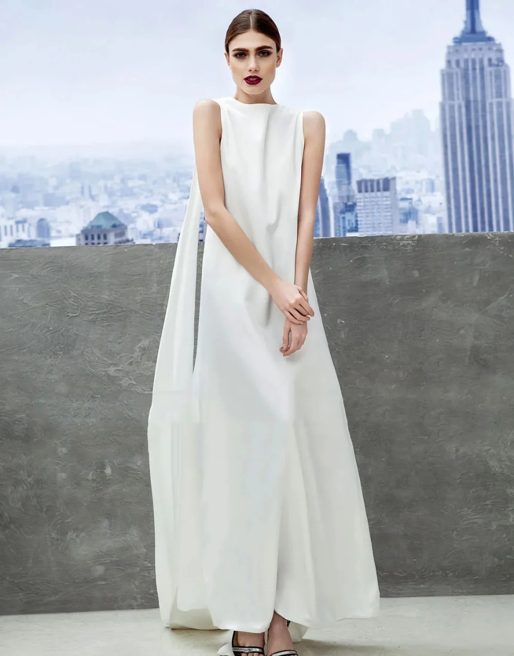 

White Pure Satin Evening Dress O-Neck Sleeveless Straight Women Long Dress Red Carpet Show Formal Dress Celebrity Party Dress