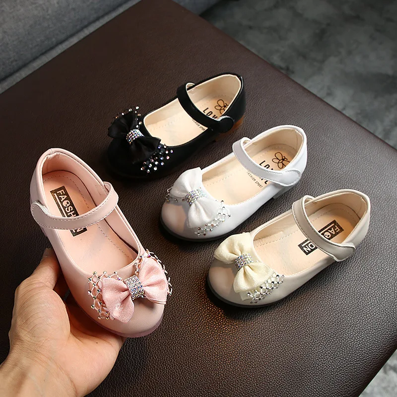 White Shoes For Girls Kids Wedding Dress Shoes Bow-knot Bowtie Sweet Crystal Children\'s Leather Flats Toddlers Girls Shoes 22-31