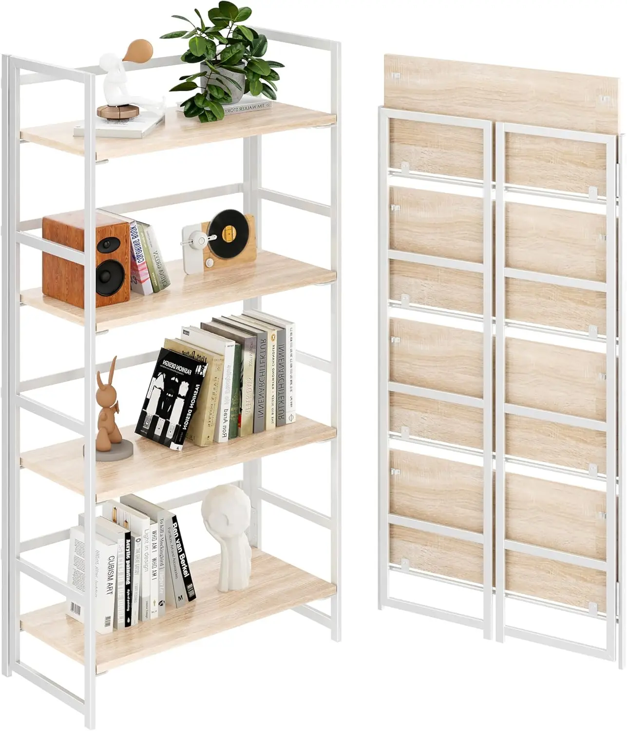 Vintage Multifunctional Folding Bookshelf, No-Assembly Plant Stand Storage Rack Shelves for Home Office (White, 4-Tier)