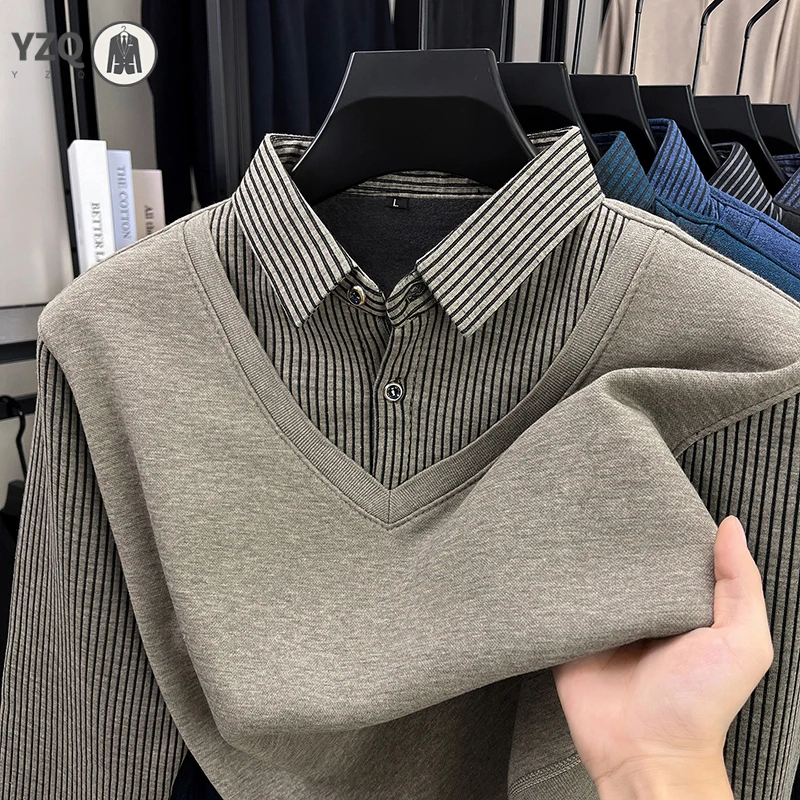 Male Office Daily Knitted Pullover Fake Waistcoat Shirt Collar Thickened Fleece Lining Vertical Stripe Long Sleeve Fall Top