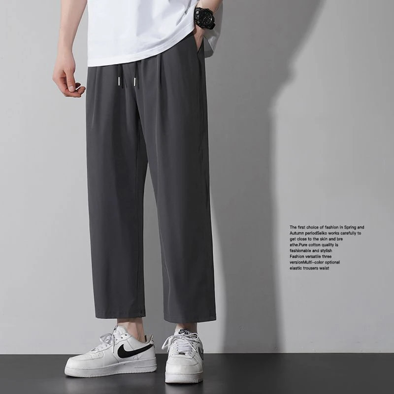 

Men High Stretch Ice Silk Streetwear Pants Loose Fit Straight Leg Ankle Length Pants Male Quick Dry Breathable Casual Trousers