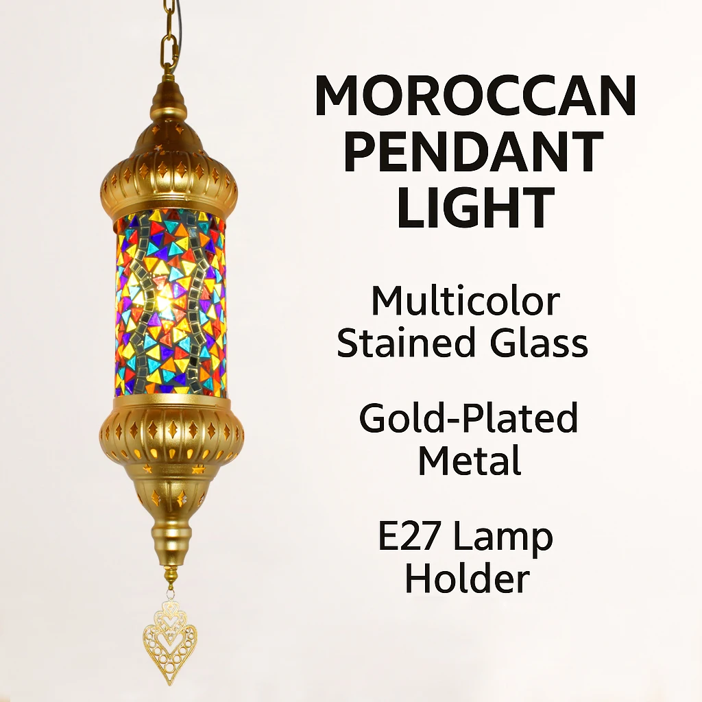 Moroccan Style Handmade Mosaic Pendant Light – 70cm Retro Hanging Lamp with Iron & Color Glass for Dining Room, Villa, Café Déco