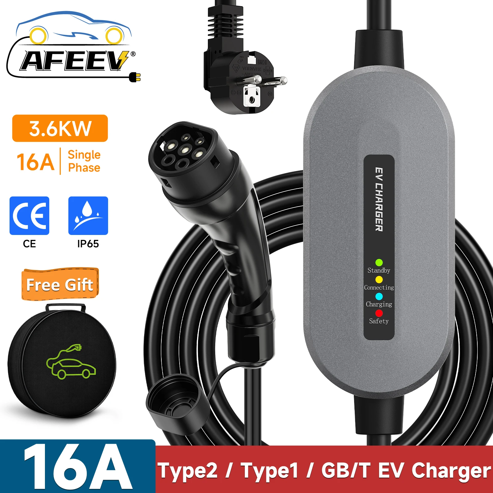 

AFEEV Зарядное устройство для электромобиля 3,6 кВт 16 А Тип 2 Портативное зарядное устройство для электромобилей Тип 1 ГБ/Т 80 В-260 В Зарядный кабель для электромобилей
