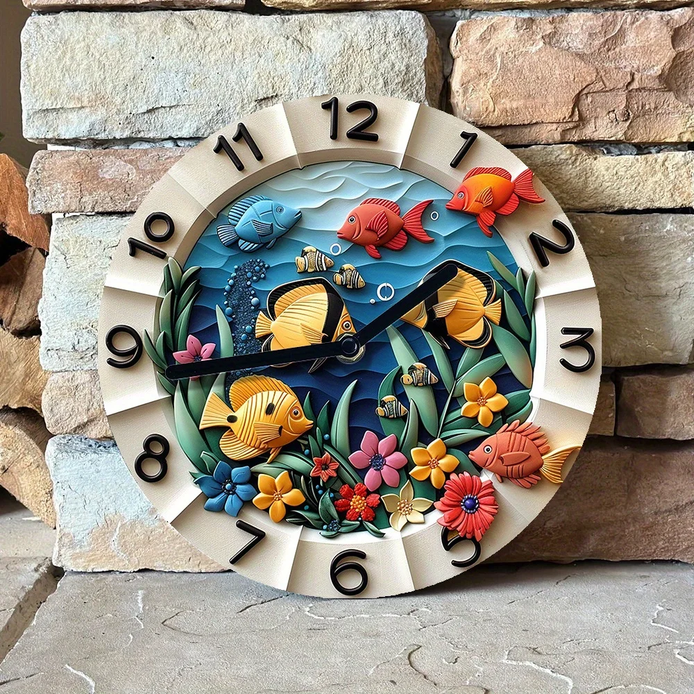 DIY Tropical Fish Theme Wall Clock Kit with High-Definition 2D Print - Easy Assemble Movement and Set for Summer Bedroom Decor