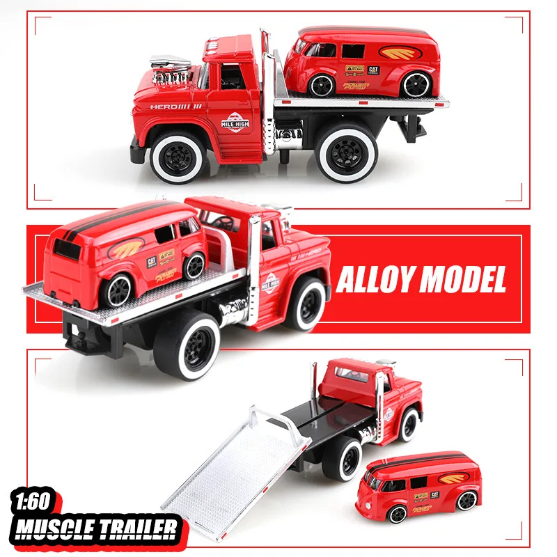 1:60 American MUSCLE TRAILER aleación Diecast coche modelo juguetes sonido luz tirar hacia atrás cuerpo de Metal neumáticos de goma remolque juguetes niños regalos