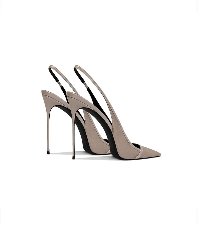 Women Khaki Suede Pointed Toe Thin Heel High Heel Sandals Premium Texture Versatile for Party Dress Elegant Fashion view 3