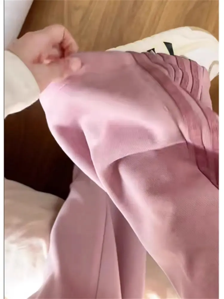 กางเกงขายาวทรงตรงสไตล์อเมริกันสำหรับผู้หญิง ลายทางสีชมพู กางเกงลำลองสำหรับฤดูใบไม้ร่วงและฤดูหนาว ทำจากผ้าถัก